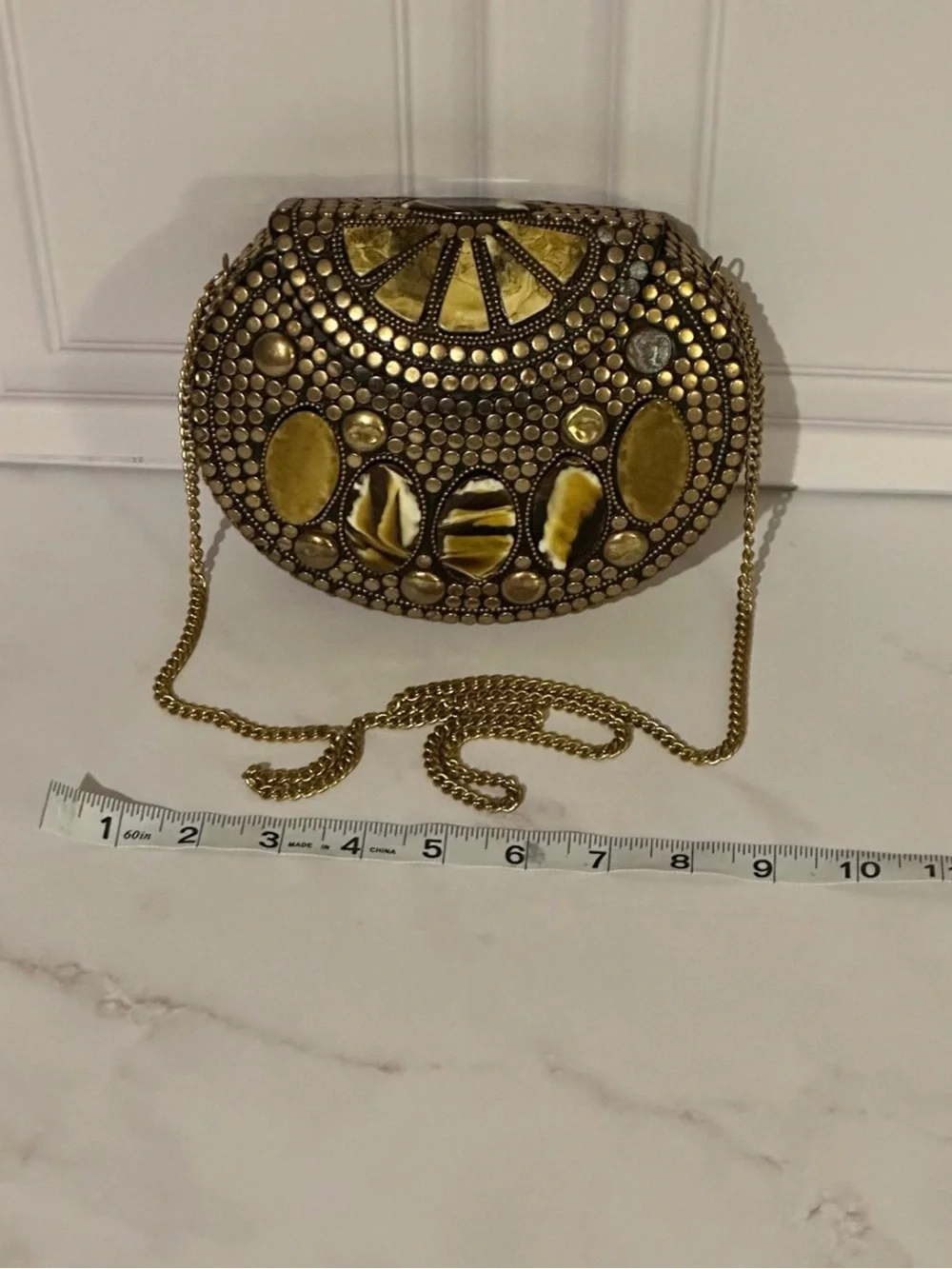 Vintage Brass Mosaic Clutch Boho Hard Case Evening Bag Stones Crossbody